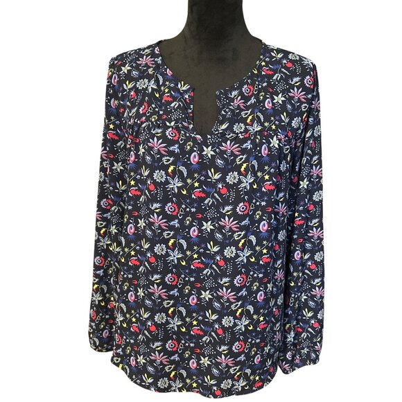 GAP Tops - Gap Black Long-Sleeve Floral Print Blouse With Split Neckline Womens Size L